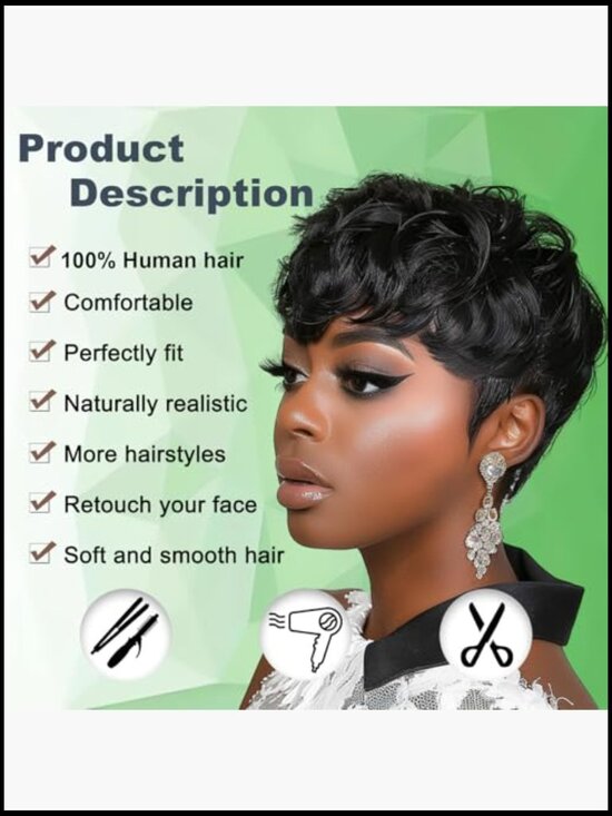 Short Curly Pixie Cut Human Hair Wig with Bangs Bob Brazilian Remy Lace Front main image 6